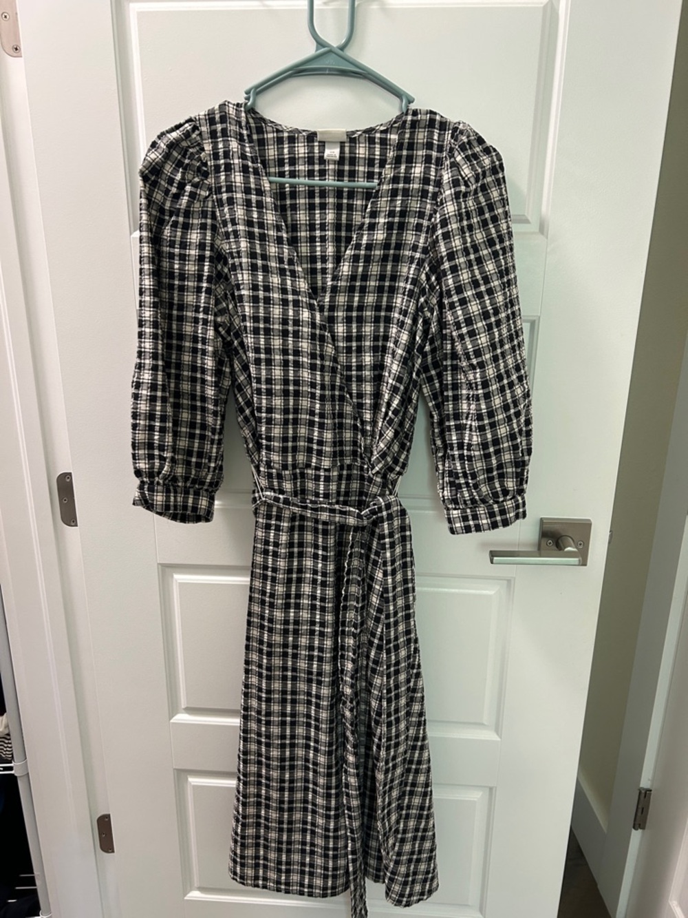 a new day Black and White Plaid Wrap Midi Dress with Tie Waist